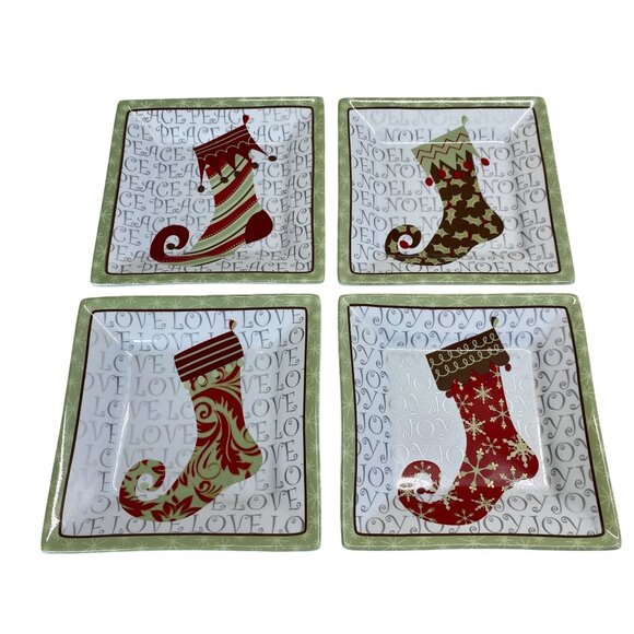 Set Of 4 222 Fifth Porcelain Square Holiday Plates With Christmas Stocking Desig - Picture 1 of 4